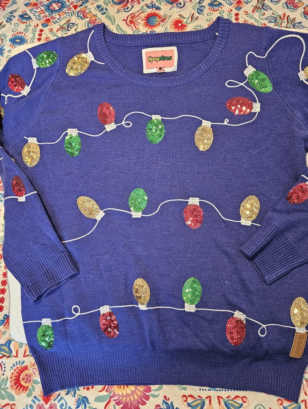 Tipsy Elves Tinsel Tangle Sequin Christmas Lights Sweater Womens Large Blue
